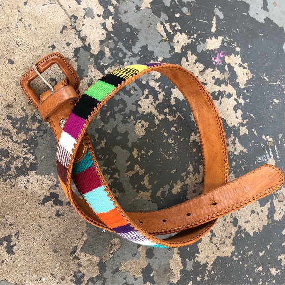 Vintage Accessories - Vintage Guatemalan Woven Textile & Leather Belt